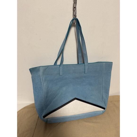 Facine Tote Bag Womens Light Blue Leather Large Shopper Croc Trim Shoulder Zip - Picture 6 of 13